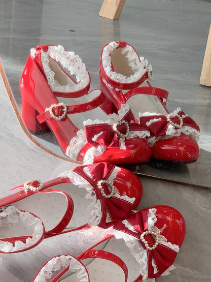 Heels Snap Block Beaded Lolita Wine at Red Lace-trimmed Top PU Bow Heart Mid Sweet with