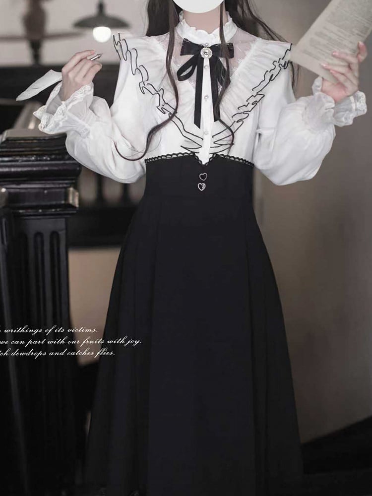 Long Kei Clean Faux Aesthetic with Flounce Innocent - White Elegant Neckline Two-Piece Tiered and Jirai Dress Black