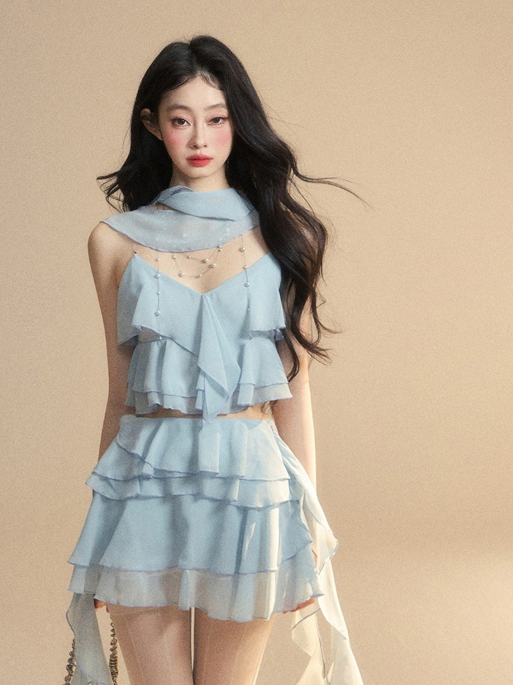 Tiered Ruffles Cropped Cami Top Scarf Free Blue Chiffon V-Neck with