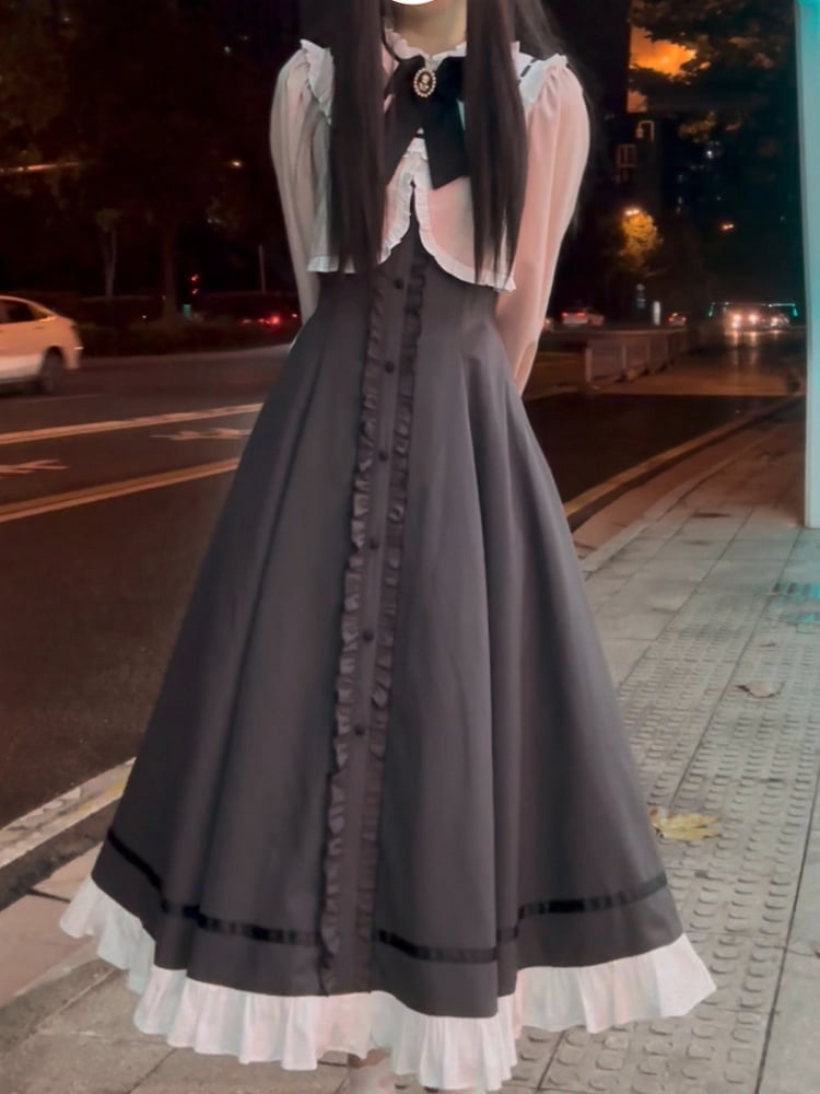 Grau-rosa Fake-Zweiteilerkleid mit Rüschenausschnitt