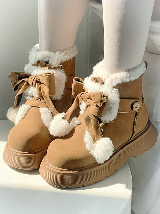 Fleece Winter with 5.5cm System Heel Brown Closure - Hybrid Boots Lolita Cozy Sweet