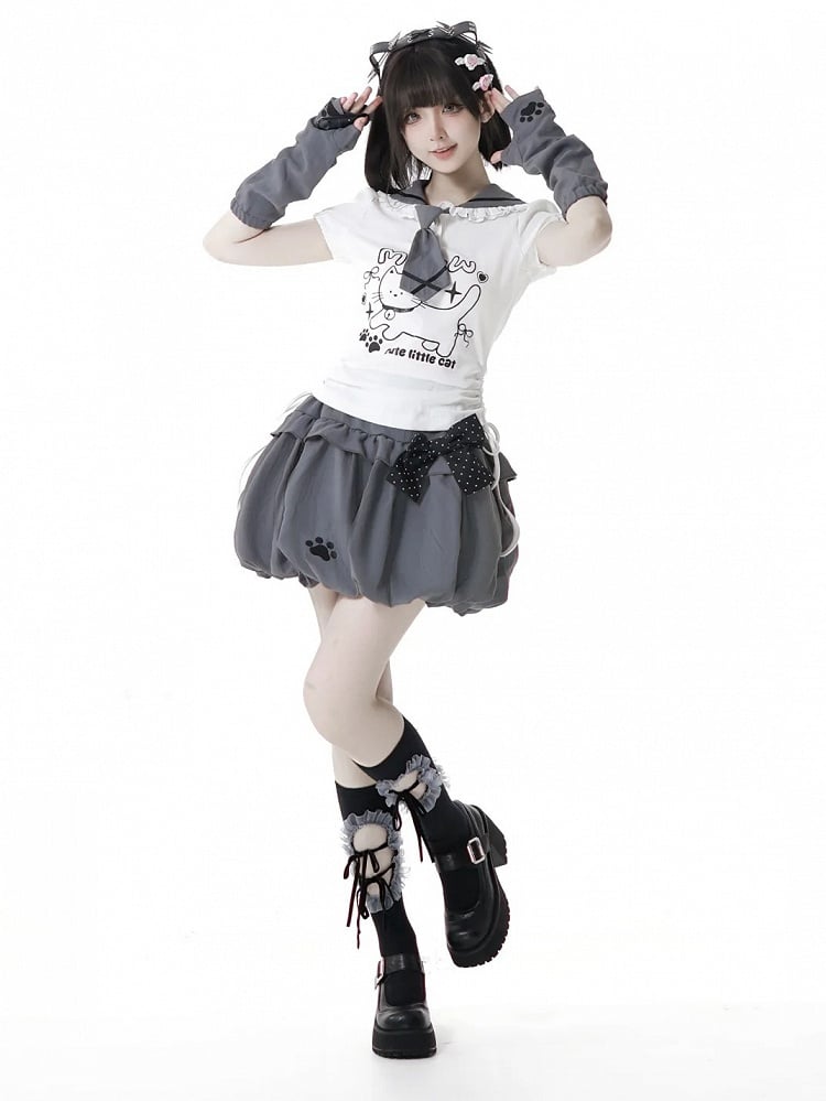 Side Armwear Free Ears with T-shirt Kitty Design Sailor Collar White Drawstring