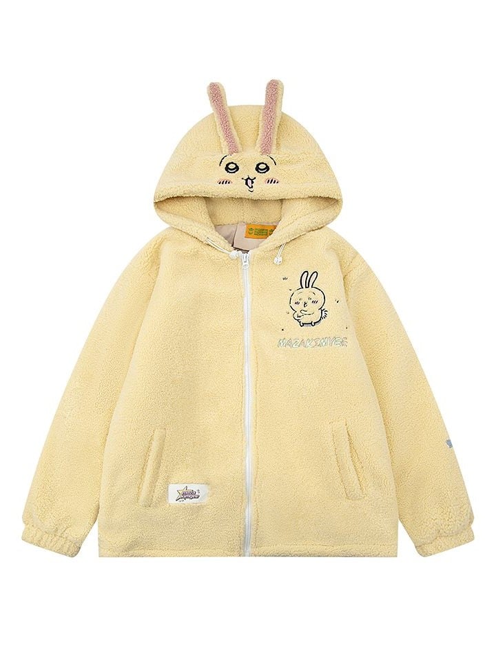 Print Cartoon mit Fleece Kapuze Hasenohren Mantel Gelb