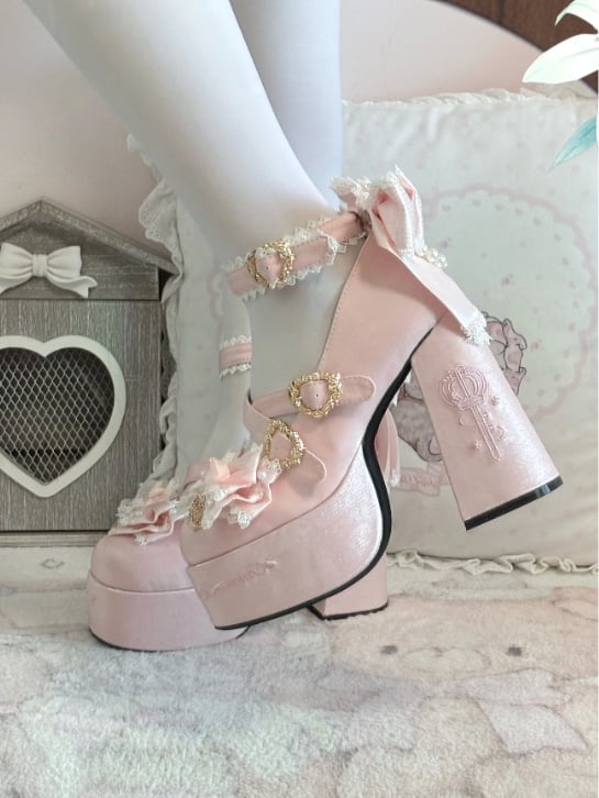 Snap Platform Detachable Chain Heel Heels Striped - Lolita Closure Pink Heart Charm Sweet Block Beaded Back Bows High