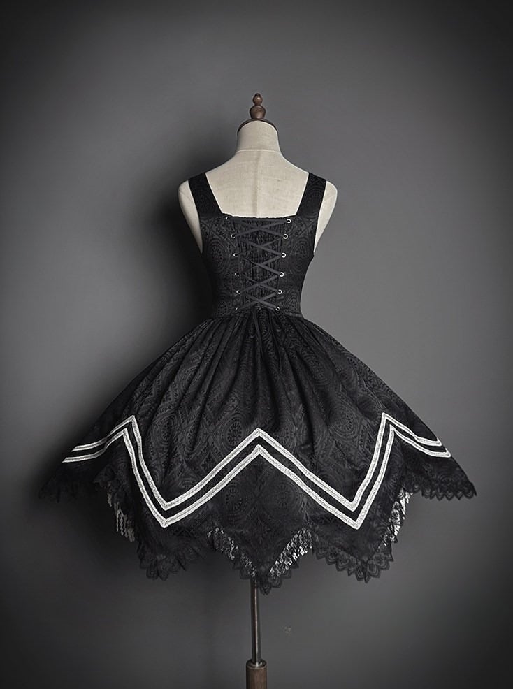 Black with Hem Military Details Lolita Corset Dress Zipper Handkerchief Jacquard