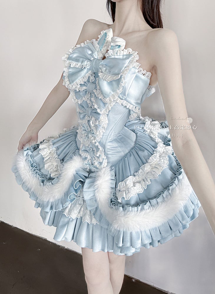 Blue Bunny Ears Bowknot Bodice Layered Skirt Boning Dress + Cropped Cape Top Set