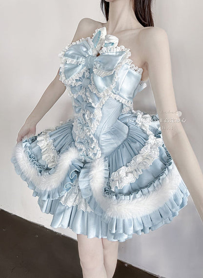 Blue Bunny Ears Bowknot Bodice Layered Skirt Boning Dress + Cropped Cape Top Set