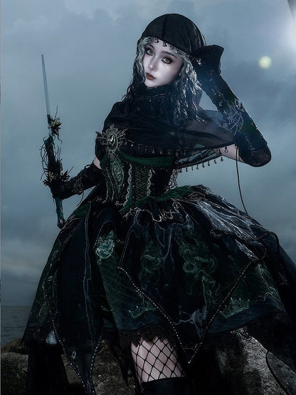 Black & Green Bone Dragon Embroidery Halter Neck Gothic Lolita Dress Set - Ying Luo Fu