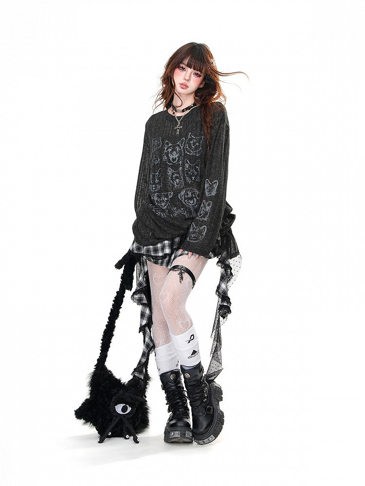 Neck Puppy Round Semi-sheer Top and Kitty Print Loose Black/Beige