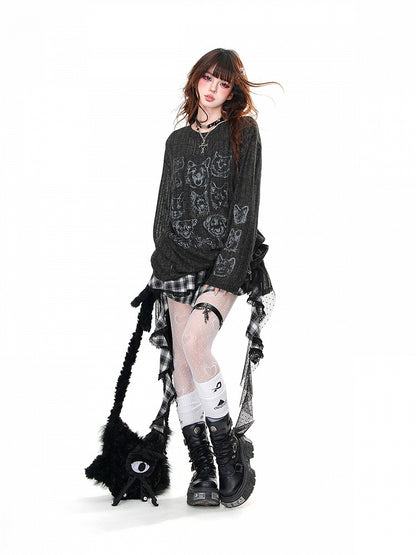 ネックパピーラウンドセミシースルートップとキティプリントルーズブラック/ベージュ