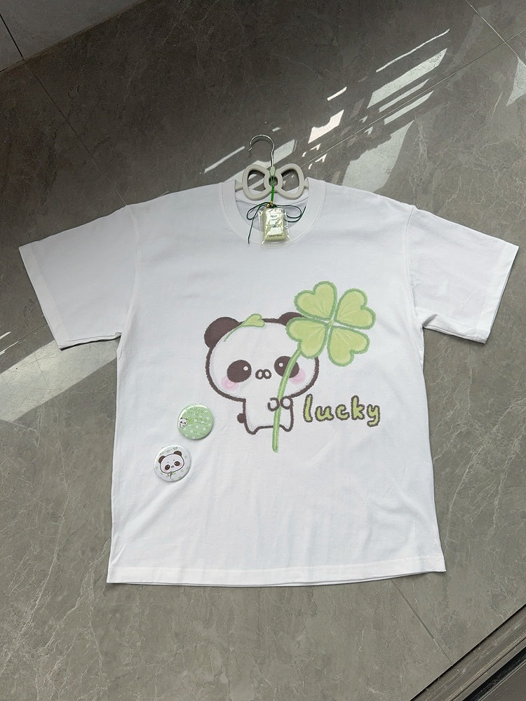 White - Crew Four-leaf with Neck Panda Cotton T-shirt Clover Print