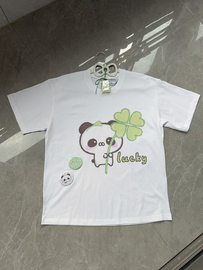White - Crew Four-leaf with Neck Panda Cotton T-shirt Clover Print