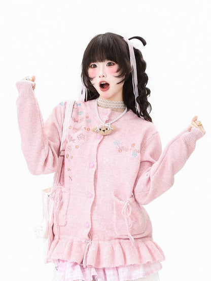with Daily Cardigan Ruffled Hem Kawaii Pink/Apricot