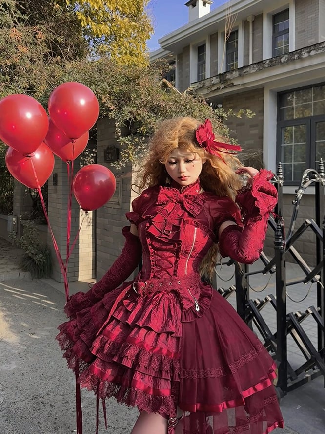 ネックレッド + ロリータティアードフルトップセットホルターゴシックノースリーブスカート