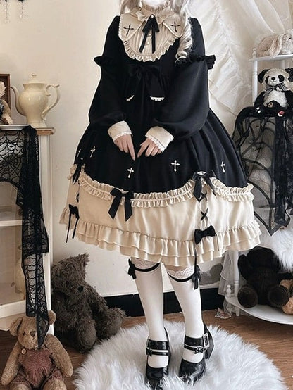 Plus Size Classic Gothic Lolita Long Sleeve Dress with Cross Embroidery & Bowknot Details - Versatile girl