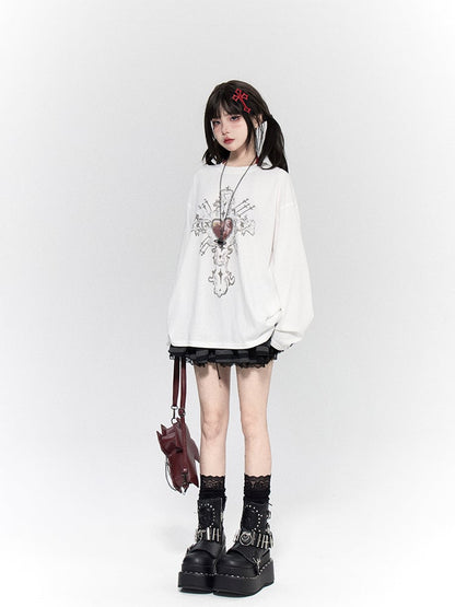 Black White Heart Red Neck Print with Crew Casual Top Cross