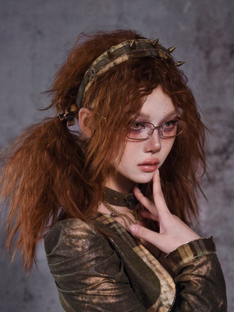 グリーンのチェック柄スタッドメタルバタフライKC