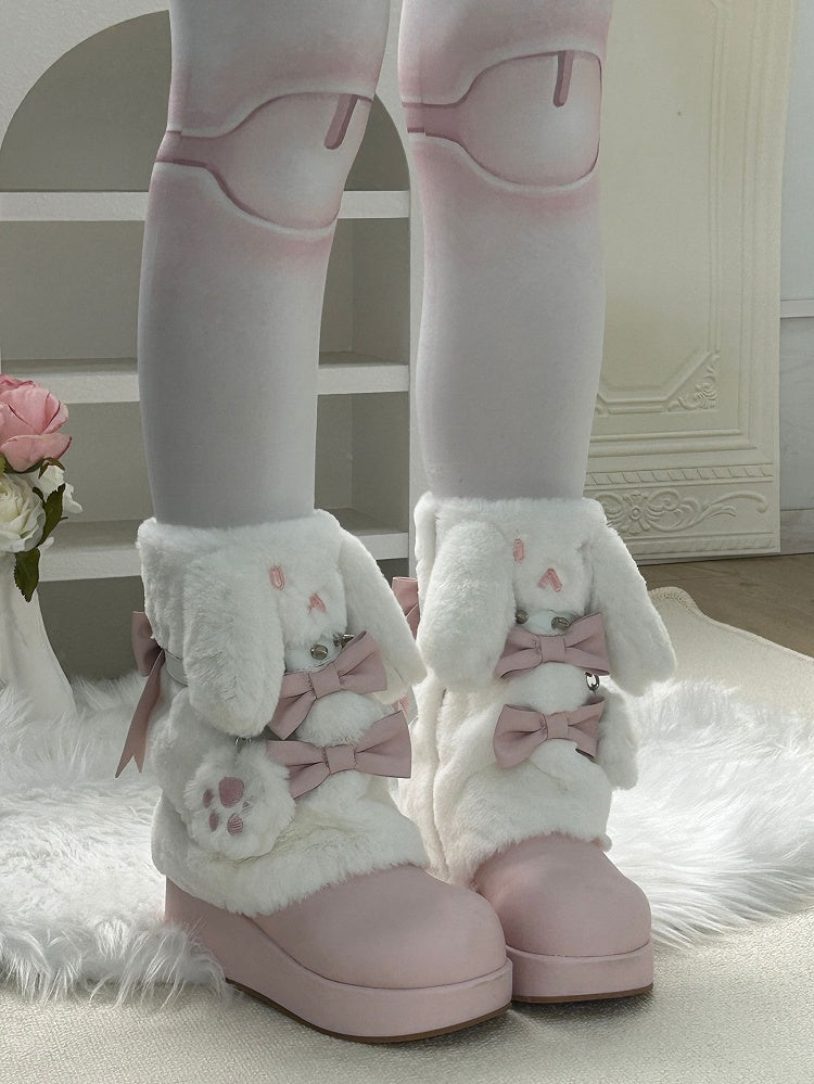 Winter Studded Edgy Ear Bunny Boots Regular Platform Sweet / Version Pink Fleece-Lined