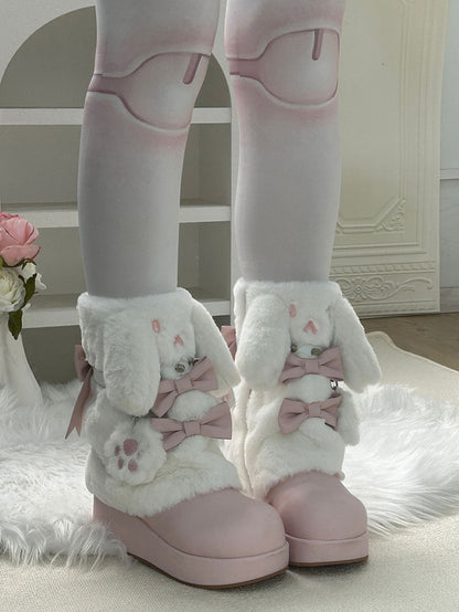 Winter Studded Edgy Ear Bunny Boots Regular Platform Sweet / Version Pink Fleece-Lined