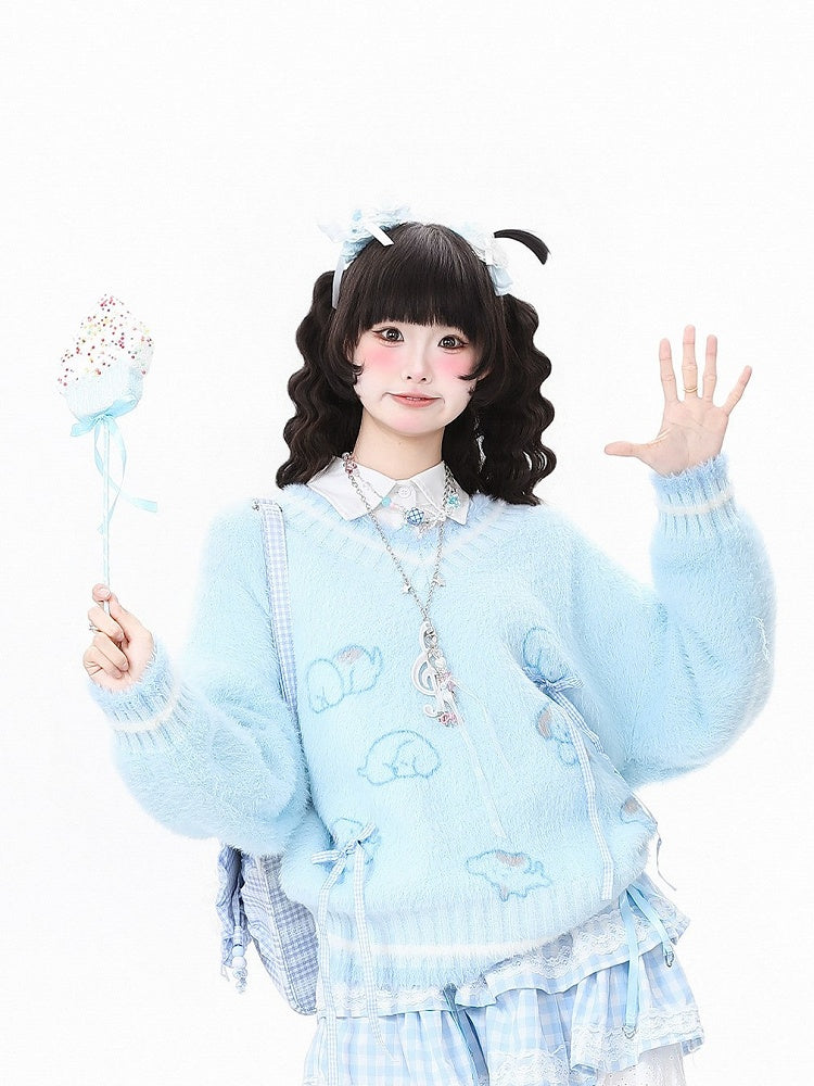 with Pattern Kawaii Dog V-neck Daily Clips Bow-shaped Yellow/Blue Sweater