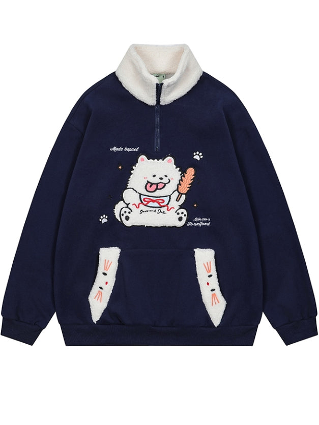 Red/Blue/Yellow Cute Plush Puppy Applique Polo Collar Sweatshirt