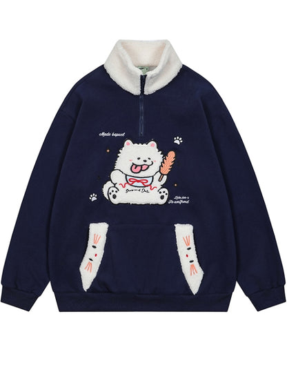 Red/Blue/Yellow Cute Plush Puppy Applique Polo Collar Sweatshirt