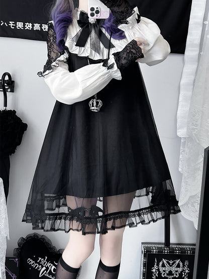 ジライケイ ブラック レースパッチ ショルダー メッシュオーバーレイ ロングスリーブ ドレス