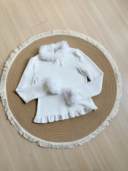 Warm Top Cuffs Knit Plush Autumn/Winter Neckline Lolita White for and