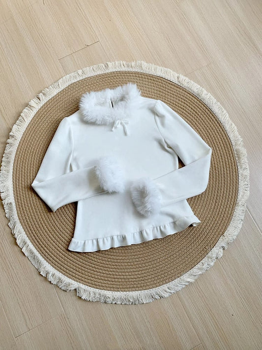 Warm Top Cuffs Knit Plush Autumn/Winter Neckline Lolita White for and