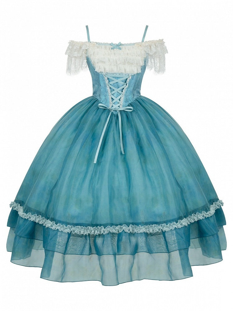 Teal Flutter-Sleeve JSK Dress with Lace-Up Back and Tiered Skirt - With PUJI