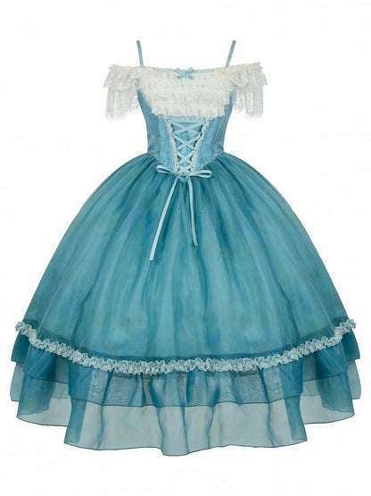 Teal Flutter-Sleeve JSK Dress with Lace-Up Back and Tiered Skirt - With PUJI