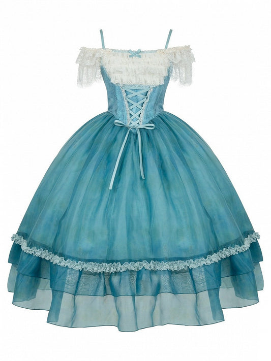 Teal Flutter-Sleeve JSK Dress with Lace-Up Back and Tiered Skirt - With PUJI