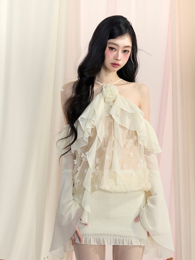 Kaskadierende Rüschenakzente Mesh-Oberteile Ärmel Apricot Neckholder Glocke