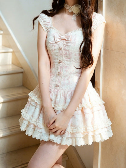 Boned Corset Dress with Heart Buttons, Sheer Ruffle Cardigan, Light Pink - Sweet Dream