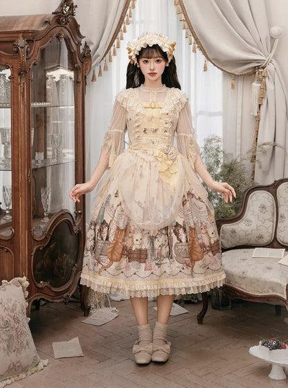 Beige Cat Print Lace Ruffles Sweet Lolita JSK Dress with Drawstring Overlay - NyaNya