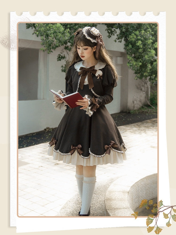 OP Boned Two-Piece Fake Cute Brown Long-Sleeve Lolita Dress