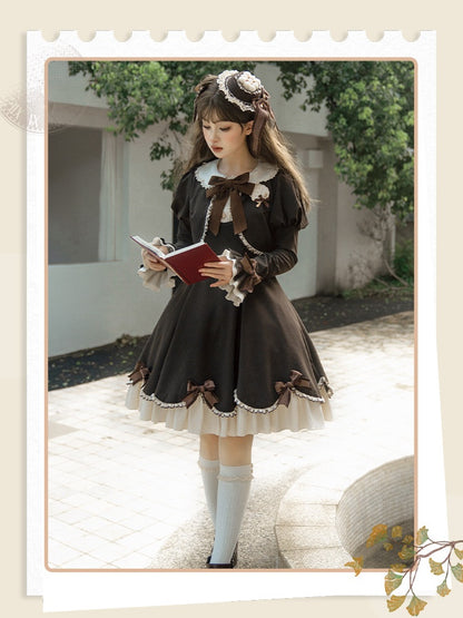 OP Boned Two-Piece Fake Cute Brown Long-Sleeve Lolita Dress