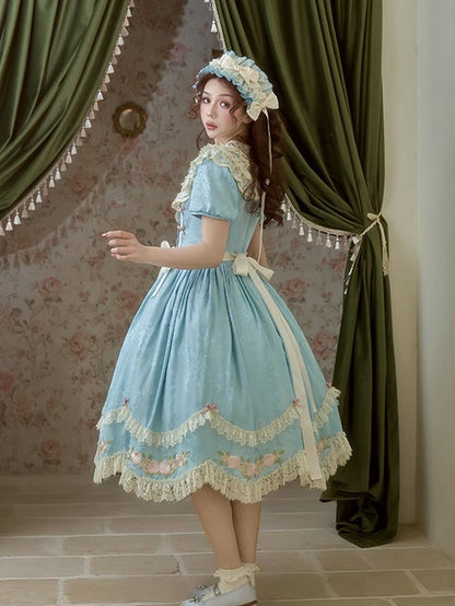 Embroidered Blue Classic Lolita OP Dress with Scallop Lace Trim