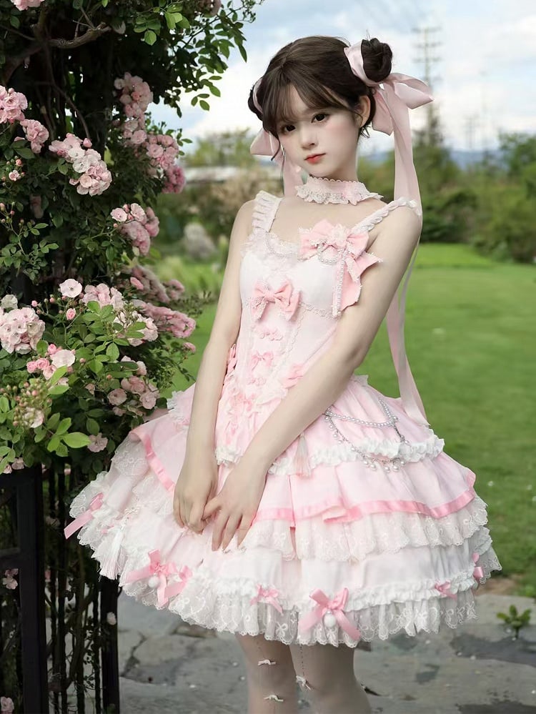 Kleid Lolita Akzente Ketten Perlen Rosa Taille Blume und Korsett Schleife Qi