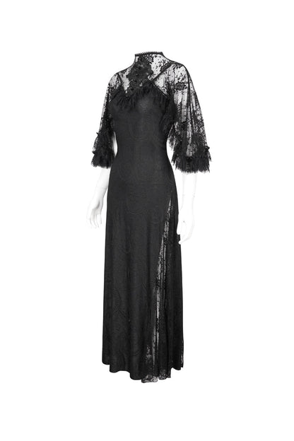 Black Stretch Printed Knit Panel Lace High Slit Asymmetric Gothic Dress