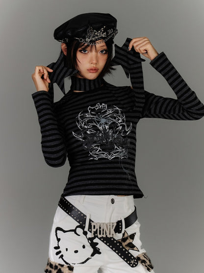 with Scarf Black  Gray Striped Cutout Shoulder Graphic Top Star Punk