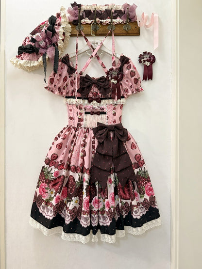Pink Square Neck Puff Sleeve Strawberry Lolita OP