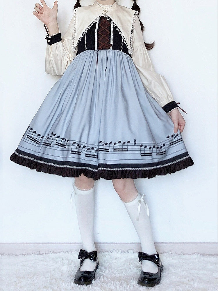 Musical Note Blue Autumn Lolita Long Sleeves Dress with Separate Pointed Collar