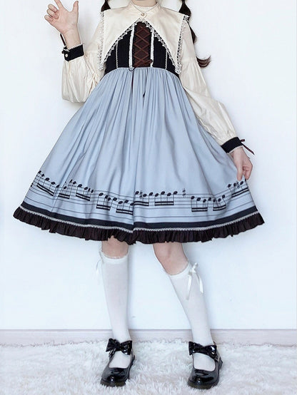 Musical Note Blue Autumn Lolita Long Sleeves Dress with Separate Pointed Collar