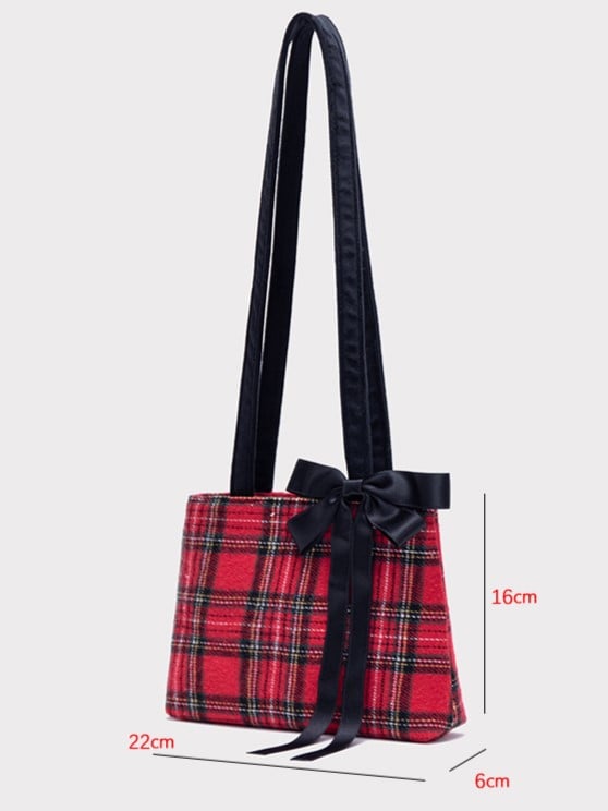 Chic Red Plaid One-Shoulder Mini Tote With Detachable Black Bow