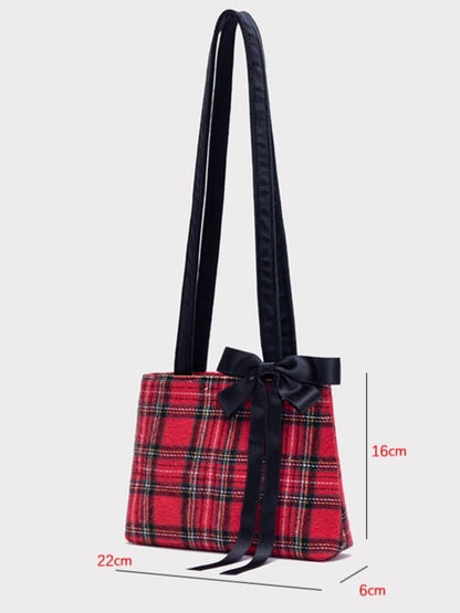 Chic Red Plaid One-Shoulder Mini Tote With Detachable Black Bow