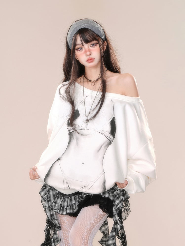 Weißes asymmetrisches Graffiti-Sweatshirt