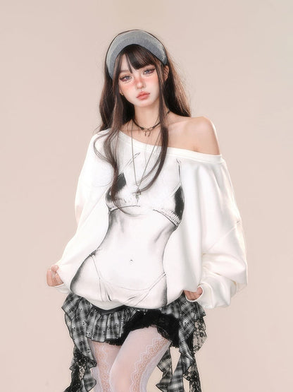 Weißes asymmetrisches Graffiti-Sweatshirt