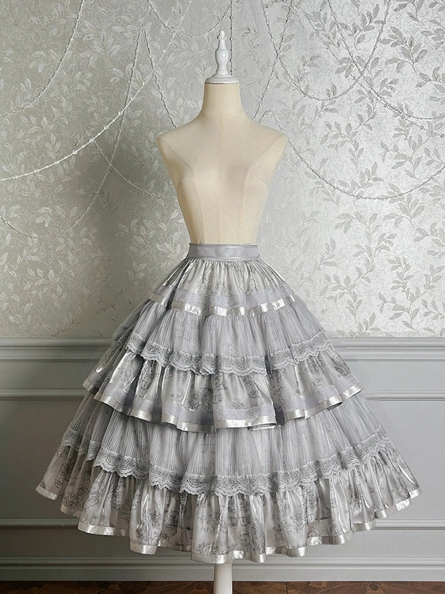 Kitty Print Gray Tiered Skirt Silver and Lolita Bunny