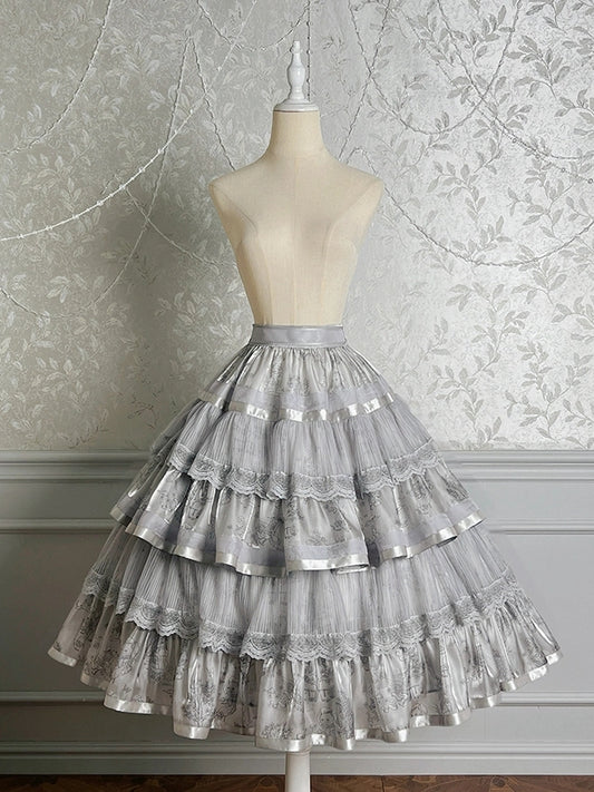 Tiered and Print Gray Lolita Silver Kitty Bunny Skirt
